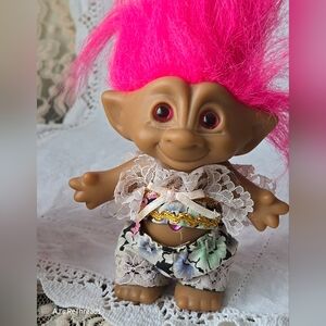 Ace Novelty Vintage Troll Doll Pink Hair Lace Outfit 4”